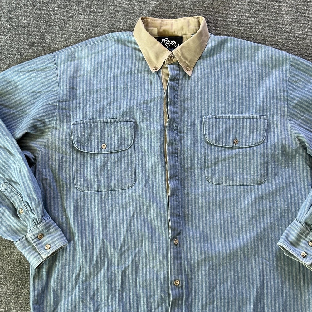 Vintage Roper Western Shirt Mens Large Blue Stripe Twill Button Down Made USA